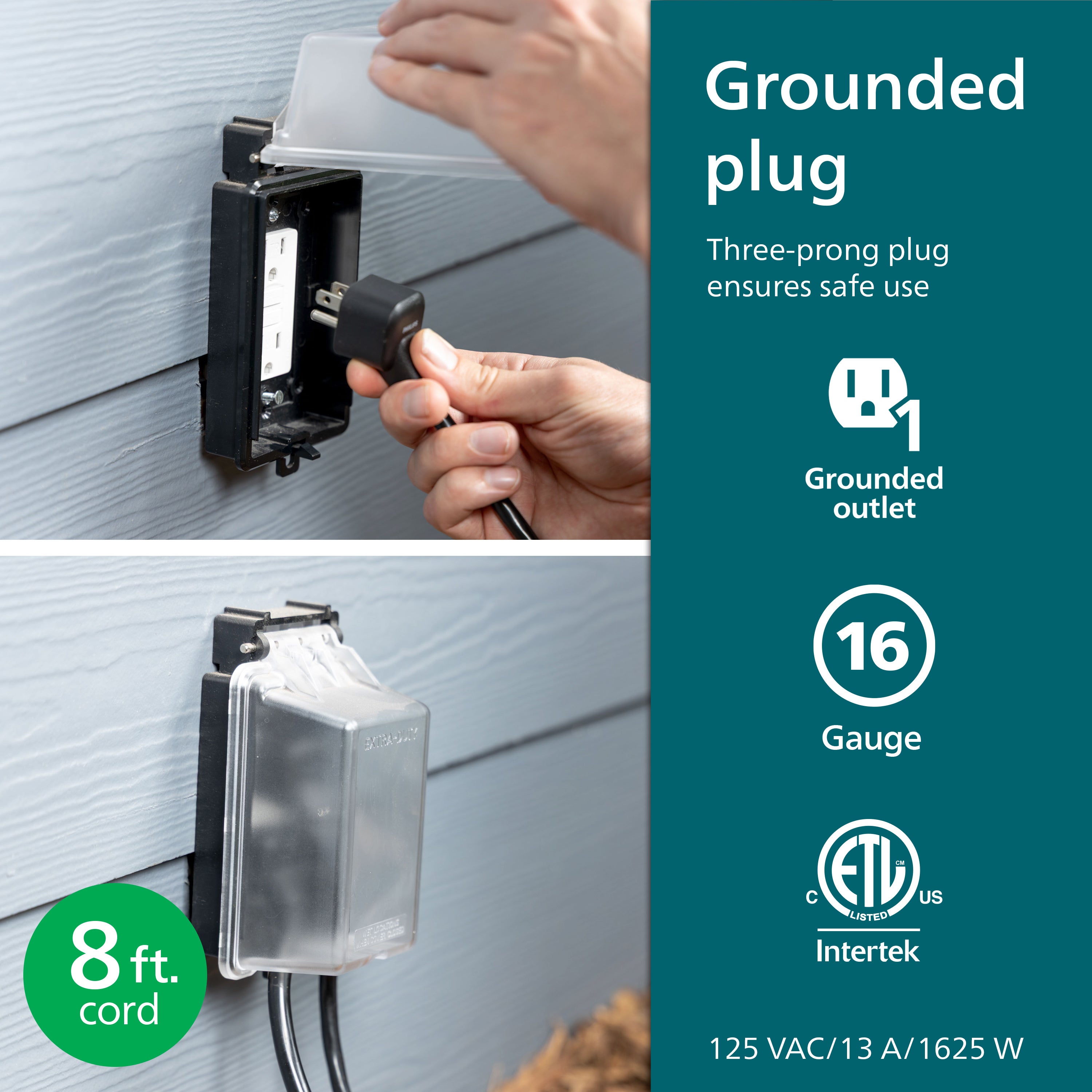 Philips EZGrip 1-Outlet Outdoor Extension Cord, 8 Ft, Black