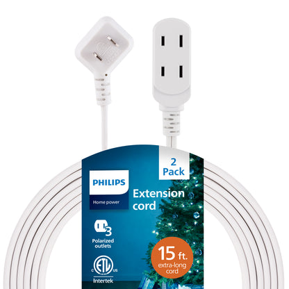 Philips 3-Outlet Polarized Extension Cord, 15ft., White 2 pack