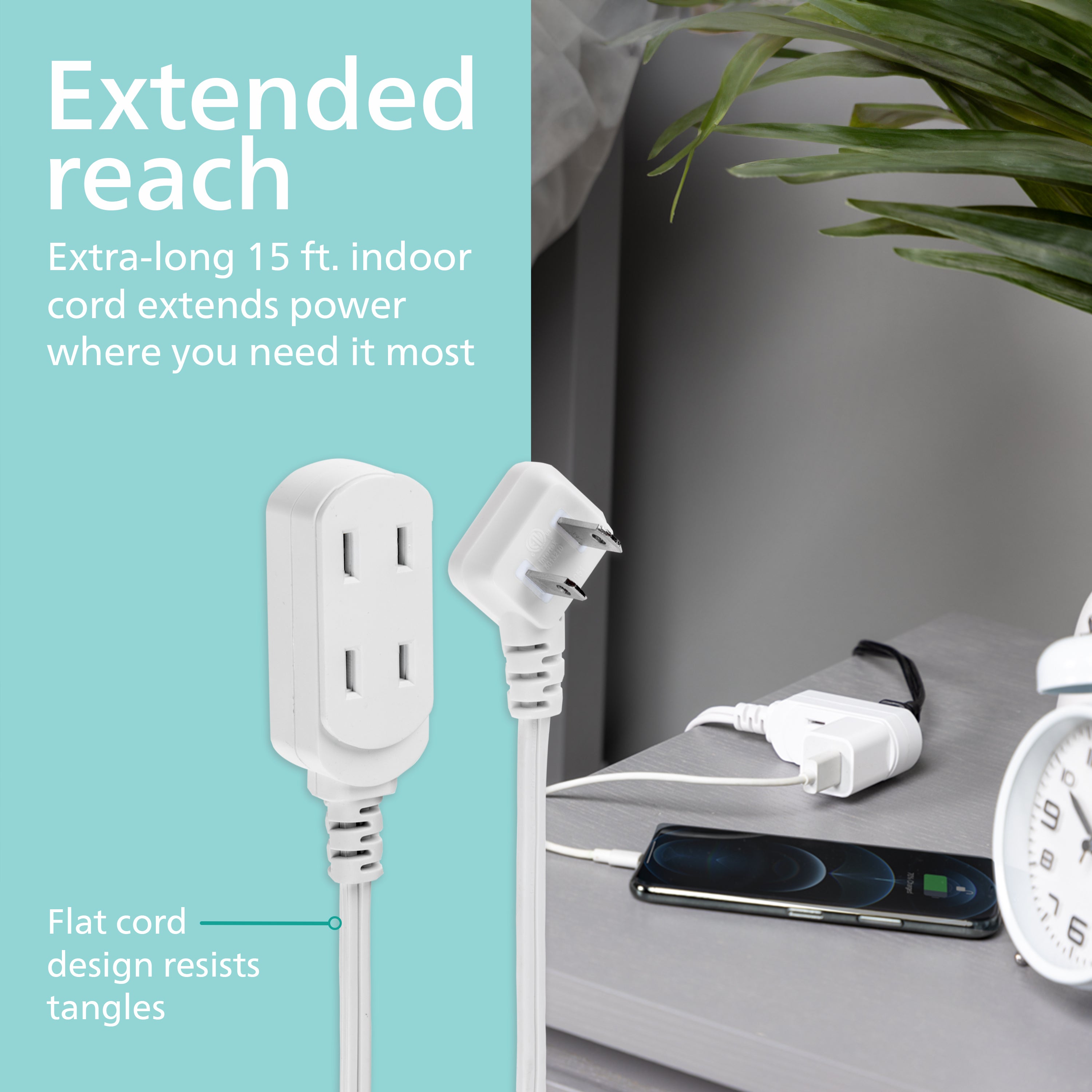 Philips 3-Outlet Polarized Extension Cord, 15ft., White 2 pack