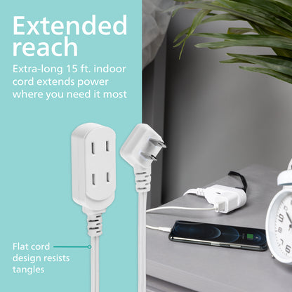 Philips 3-Outlet Polarized Extension Cord, 15ft., White 2 pack