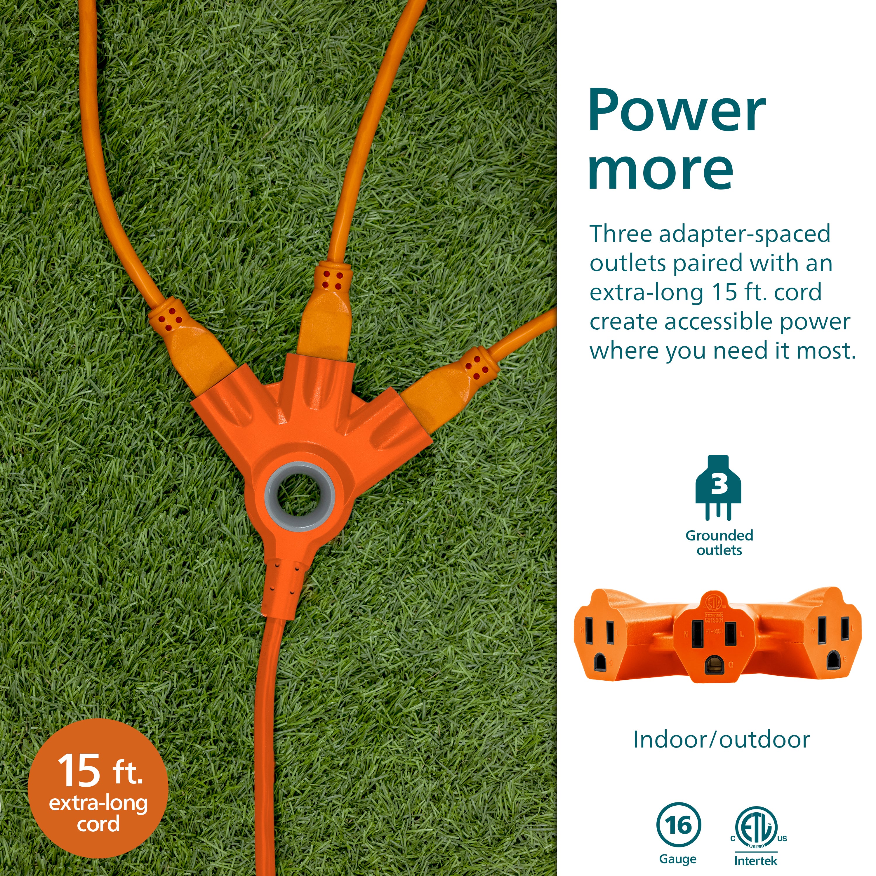 Philips EZGrip™ 3-Outlet 15ft. Indoor/Outdoor Extension Cord, Orange