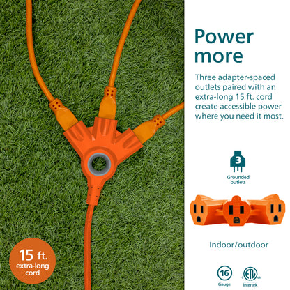 Philips EZGrip™ 3-Outlet 15ft. Indoor/Outdoor Extension Cord, Orange