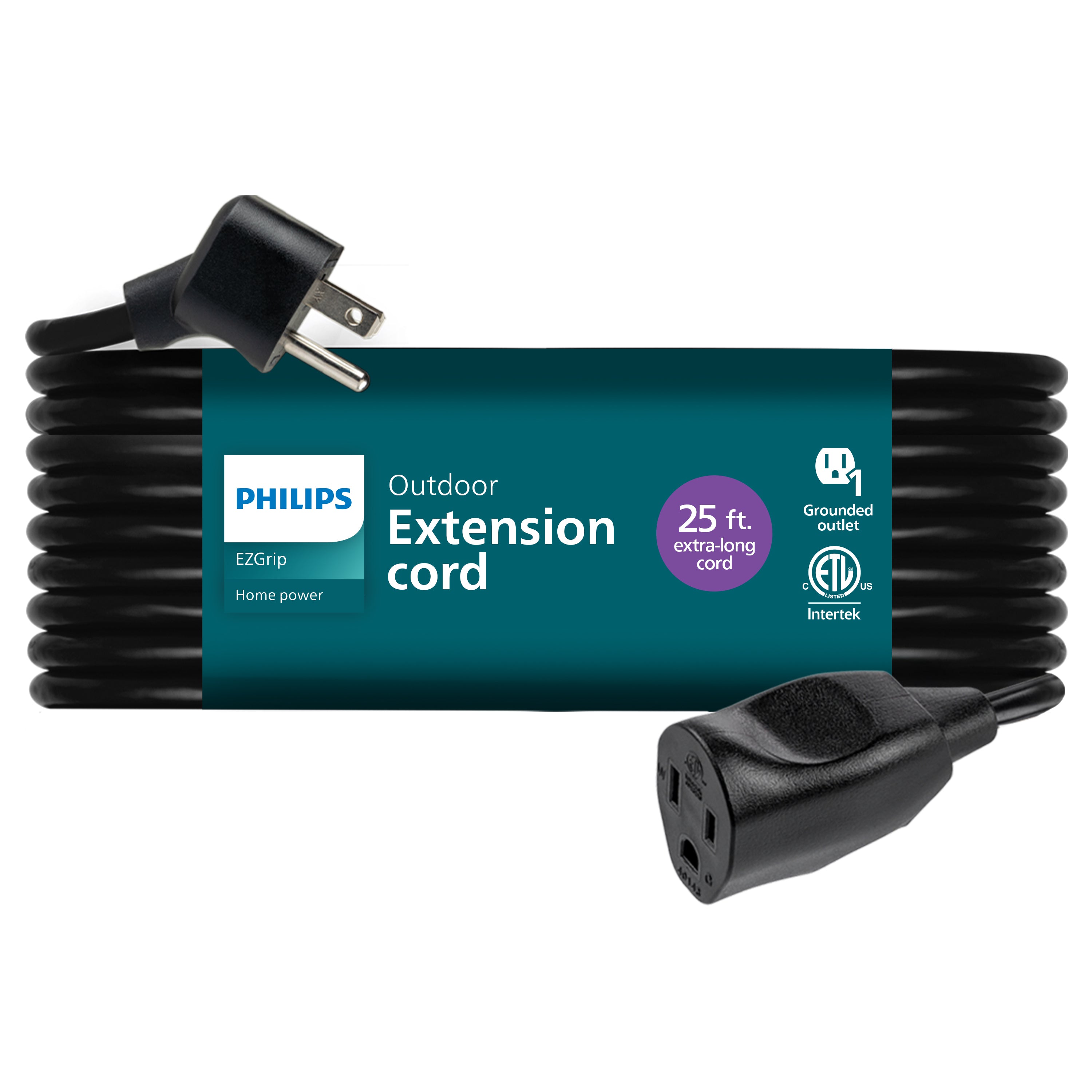 Philips EZGrip 1-Outlet Outdoor Extension Cord, 25 Ft, Black