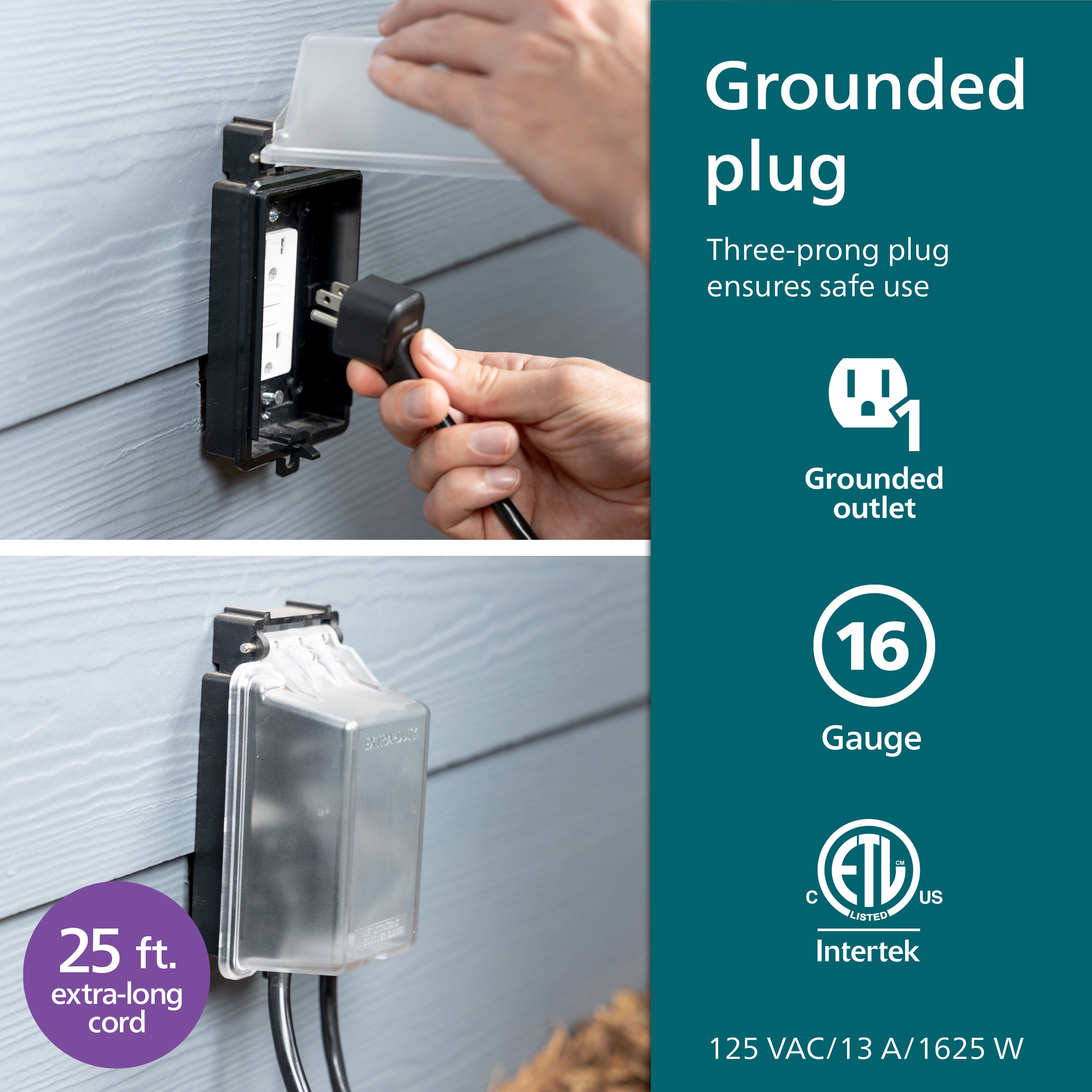 Philips EZGrip 1-Outlet Outdoor Extension Cord, 25 Ft, Black