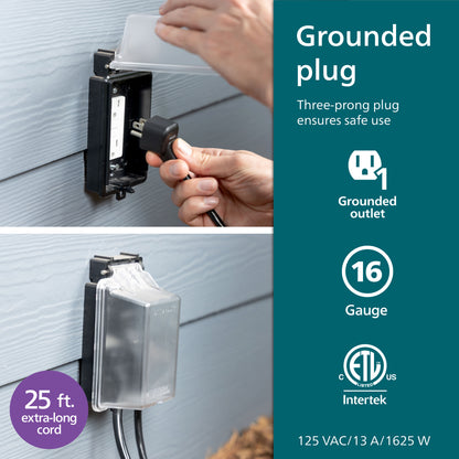 Philips EZGrip 1-Outlet Outdoor Extension Cord, 25 Ft, Black