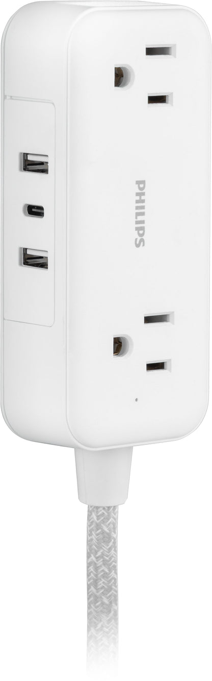 Philips 2-Outlet, 6 ft. USB-Charging Extension Cord, White/Gray