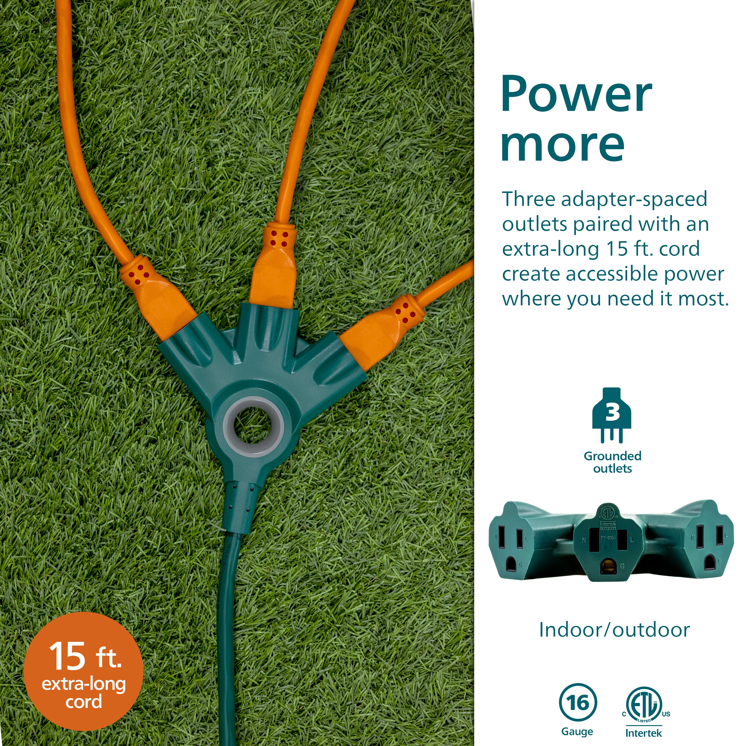 Philips 3-Outlet EZGrip Grounded Extension Cord, 15ft., Indoor/Outdoor, Green