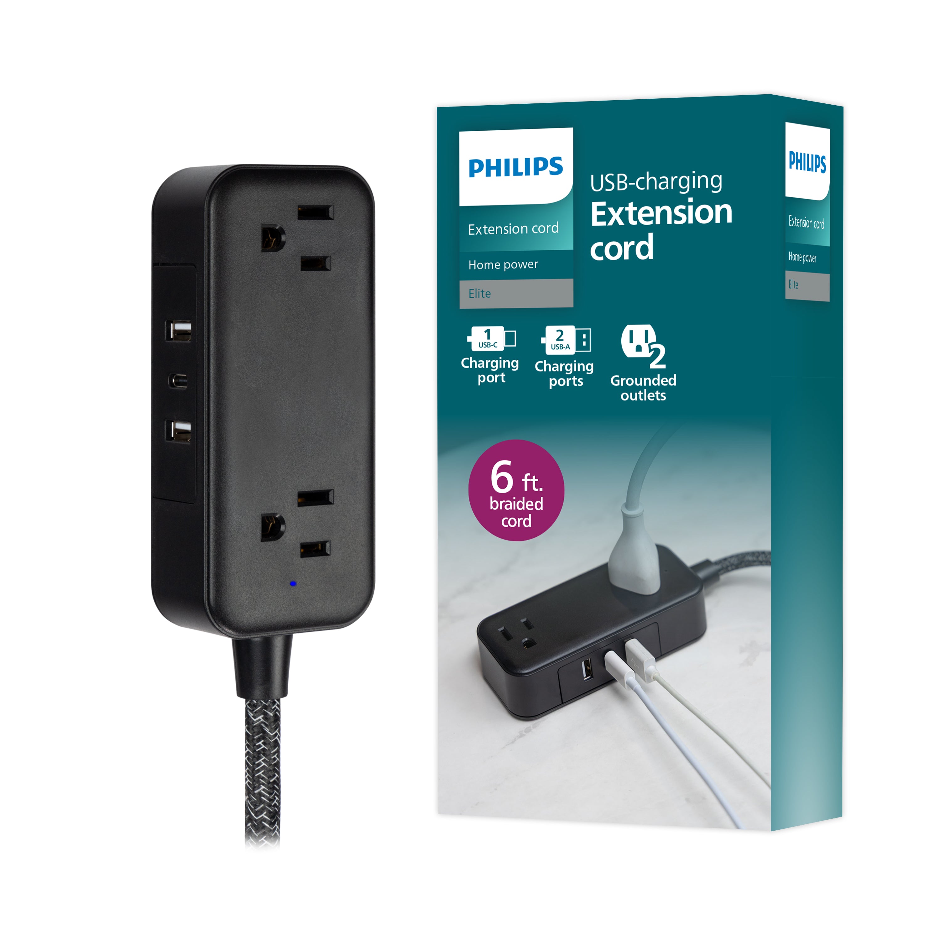 Philips 2-Outlet Extension Cord, 1 USB-C, 2 Type-A Ports, Braided Extension Cord with Multiple Outlets, Flat Plug, Black