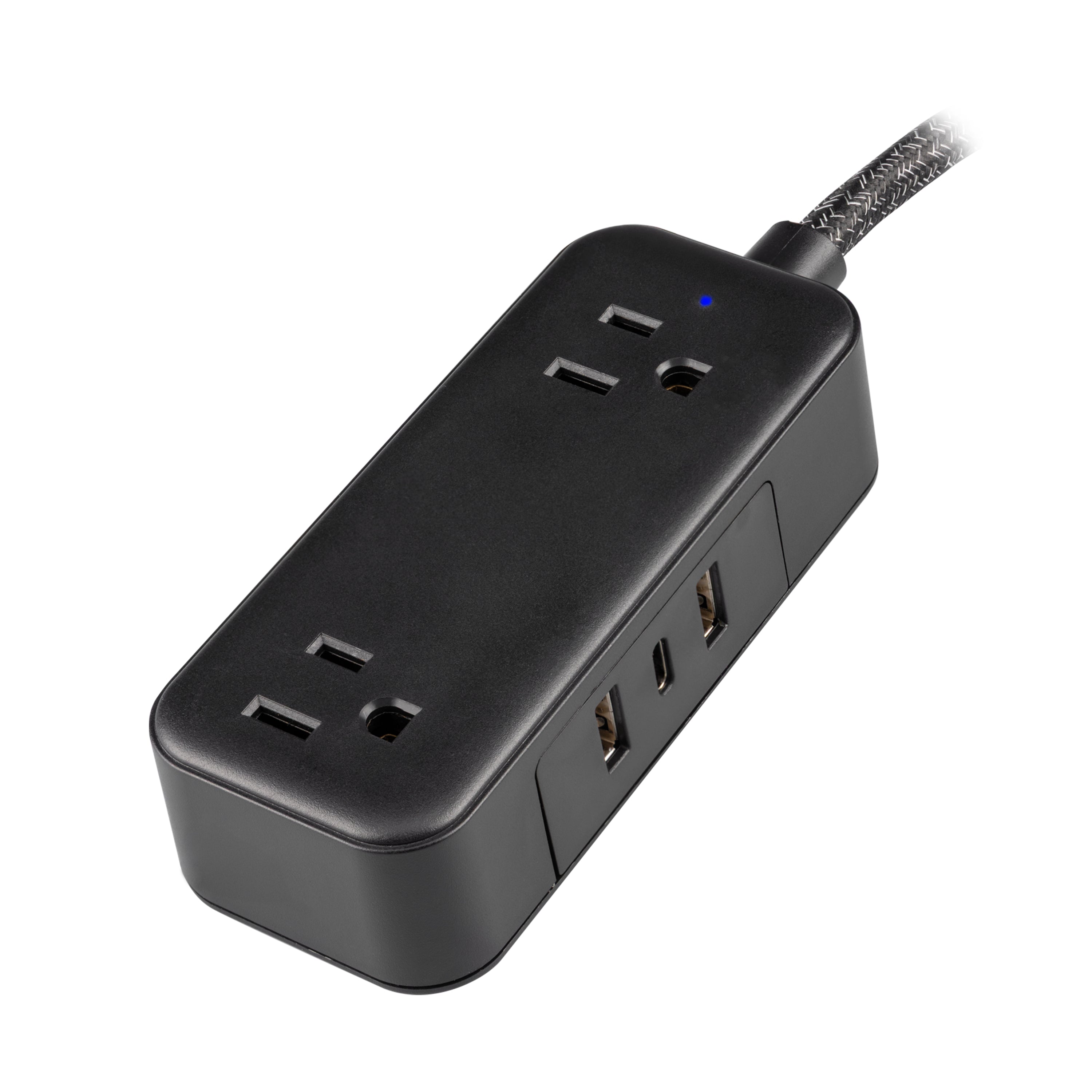 Philips 2-Outlet Extension Cord, 1 USB-C, 2 Type-A Ports, Braided Extension Cord with Multiple Outlets, Flat Plug, Black