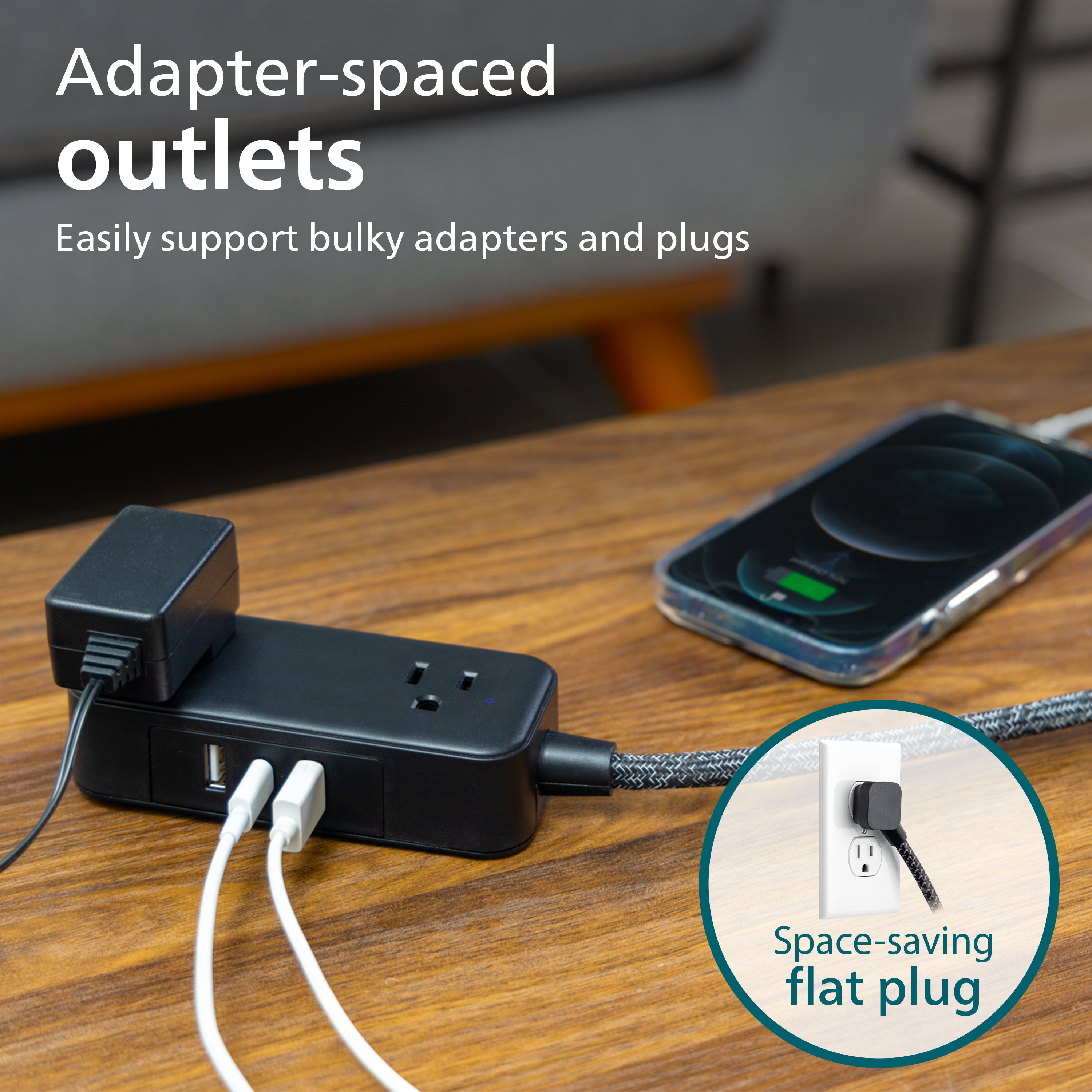 Philips 2-Outlet Extension Cord, 1 USB-C, 2 Type-A Ports, Braided Extension Cord with Multiple Outlets, Flat Plug, Black