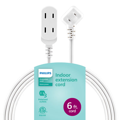 Philips 6 ft. 3-Outlet Polarized Indoor Extension Cord, White, Slide-to-close cover