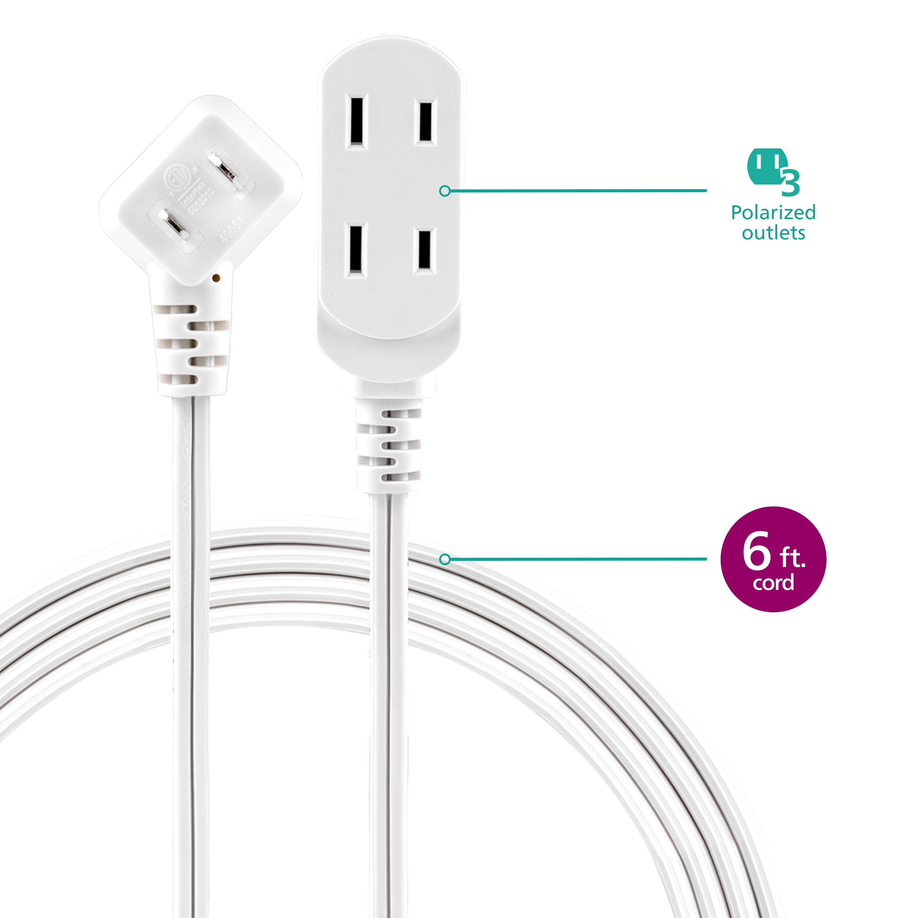 Philips 6 ft. 3-Outlet Polarized Indoor Extension Cord, White, Slide-to-close cover