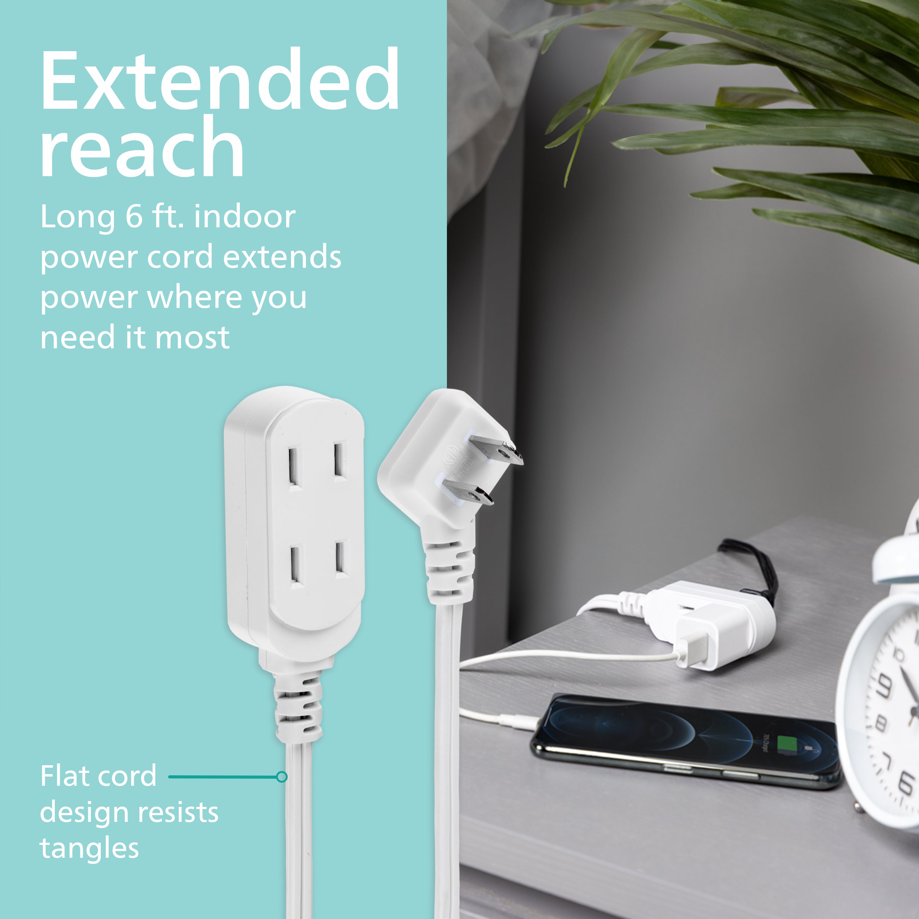Philips 6 ft. 3-Outlet Polarized Indoor Extension Cord, White, Slide-to-close cover