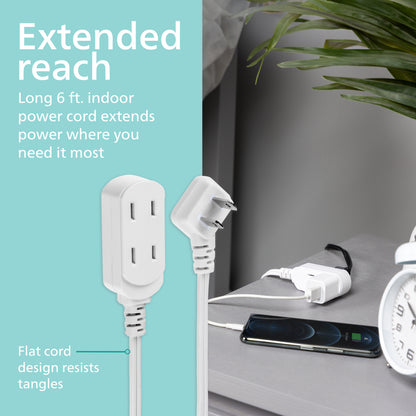 Philips 6 ft. 3-Outlet Polarized Indoor Extension Cord, White, Slide-to-close cover