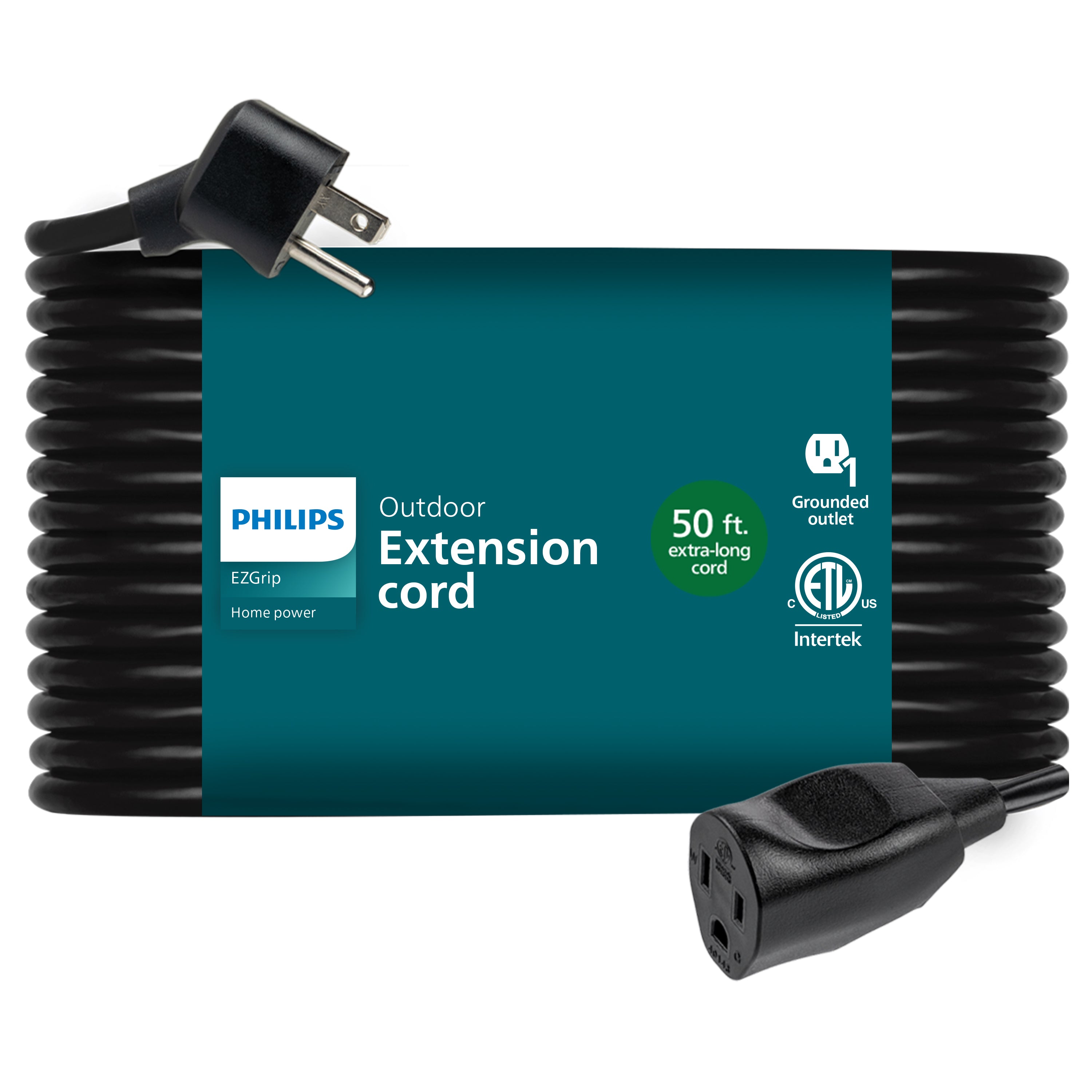 Philips EZGrip 1-Outlet Outdoor Extension Cord, 50 Ft, Black