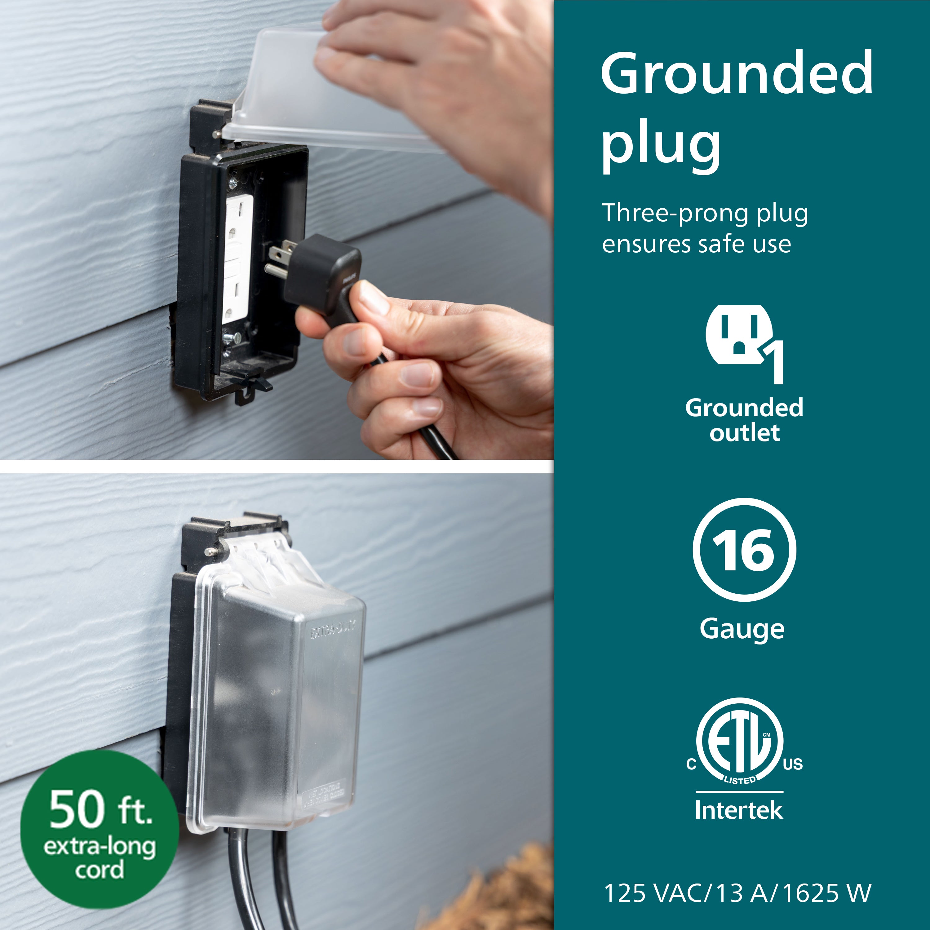 Philips EZGrip 1-Outlet Outdoor Extension Cord, 50 Ft, Black