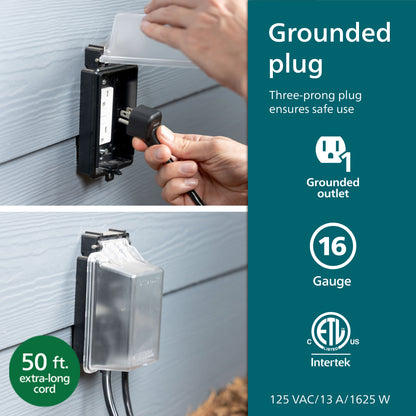 Philips EZGrip 1-Outlet Outdoor Extension Cord, 50 Ft, Black