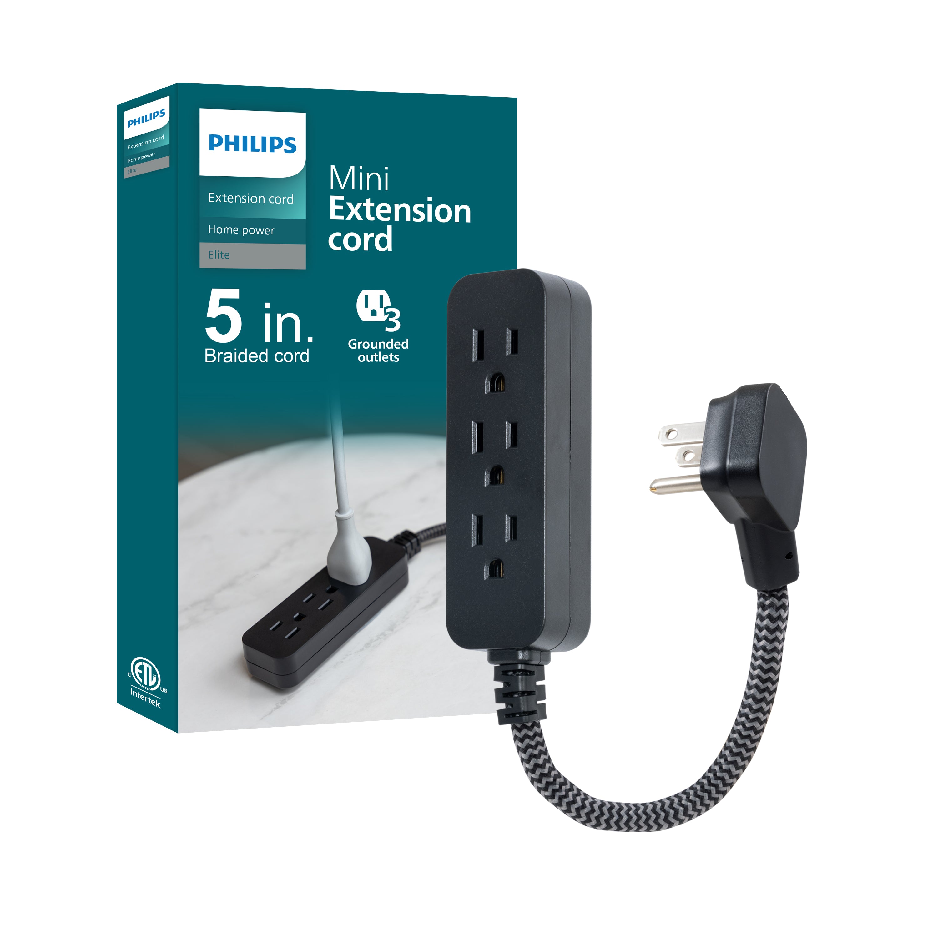 Philips 3-Outlet Grounded Mini Extension Cord, Flat Plug, Black