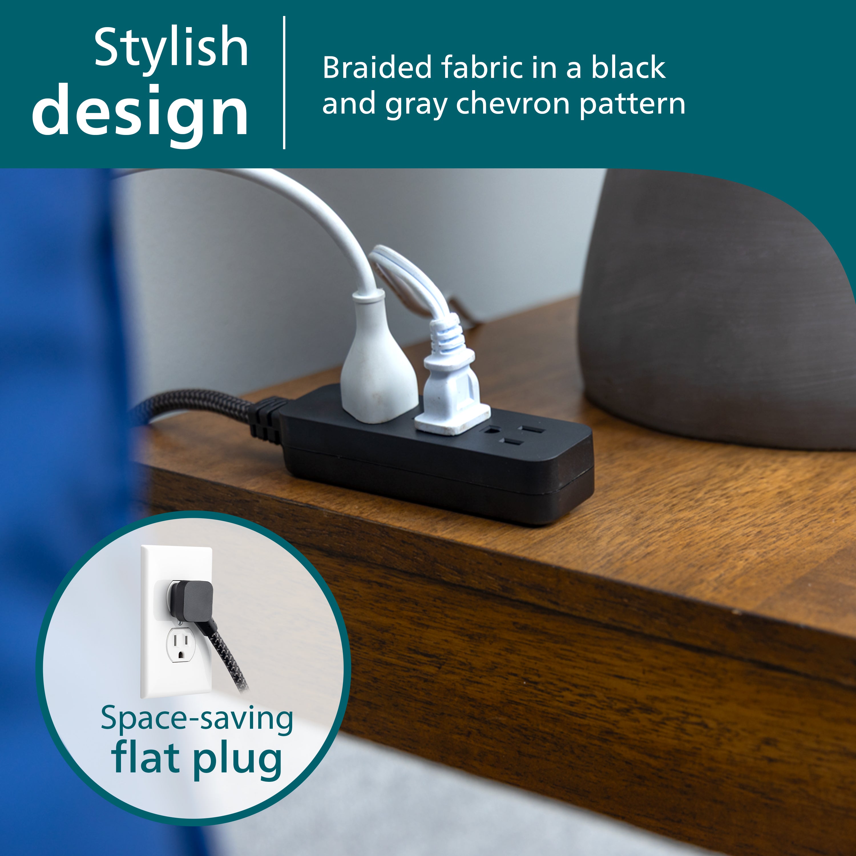 Philips 3-Outlet Grounded Mini Extension Cord, Flat Plug, Black