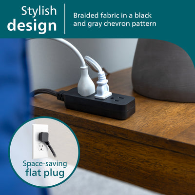 Philips 3-Outlet Grounded Mini Extension Cord, Flat Plug, Black