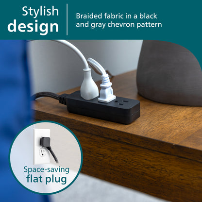Philips 3-Outlet Grounded Mini Extension Cord, Flat Plug, Black