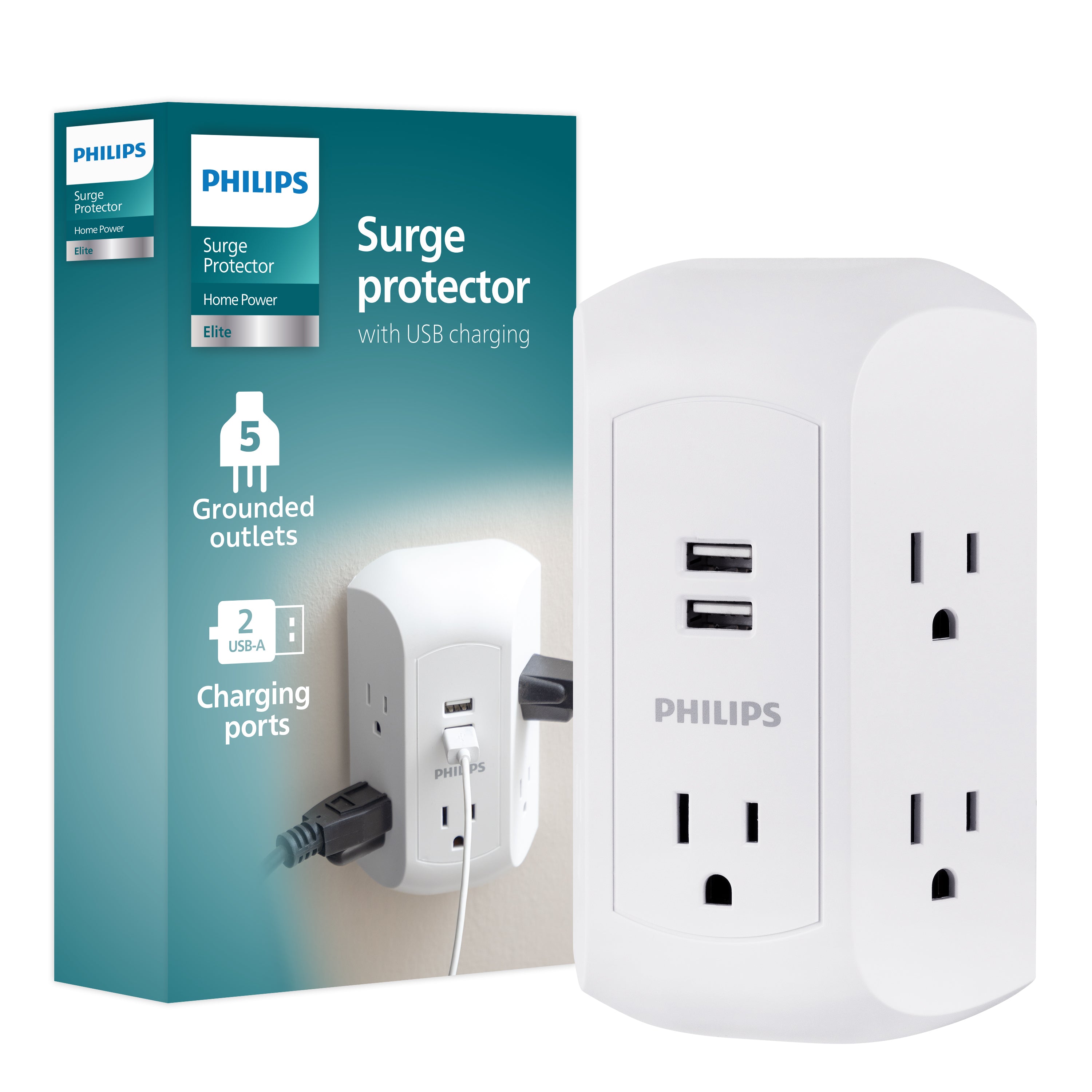 Philips 5-Outlet USB-A Charging Surge Protector