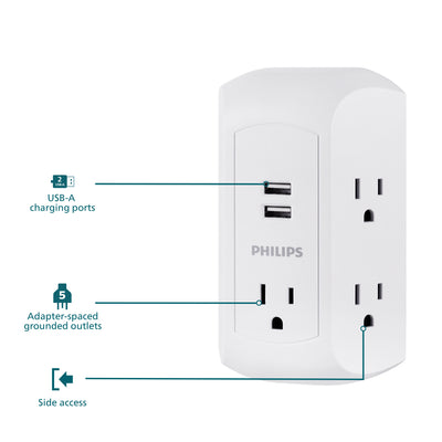 Philips 5-Outlet USB-A Charging Surge Protector