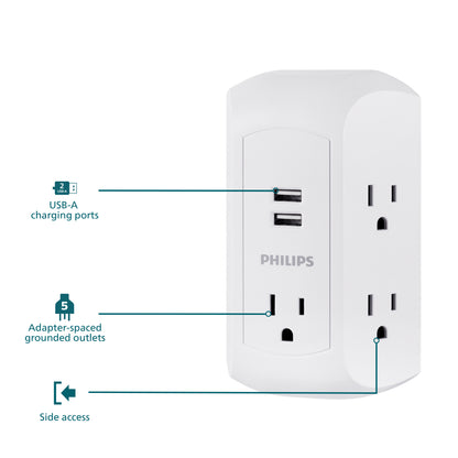 Philips 5-Outlet USB-A Charging Surge Protector