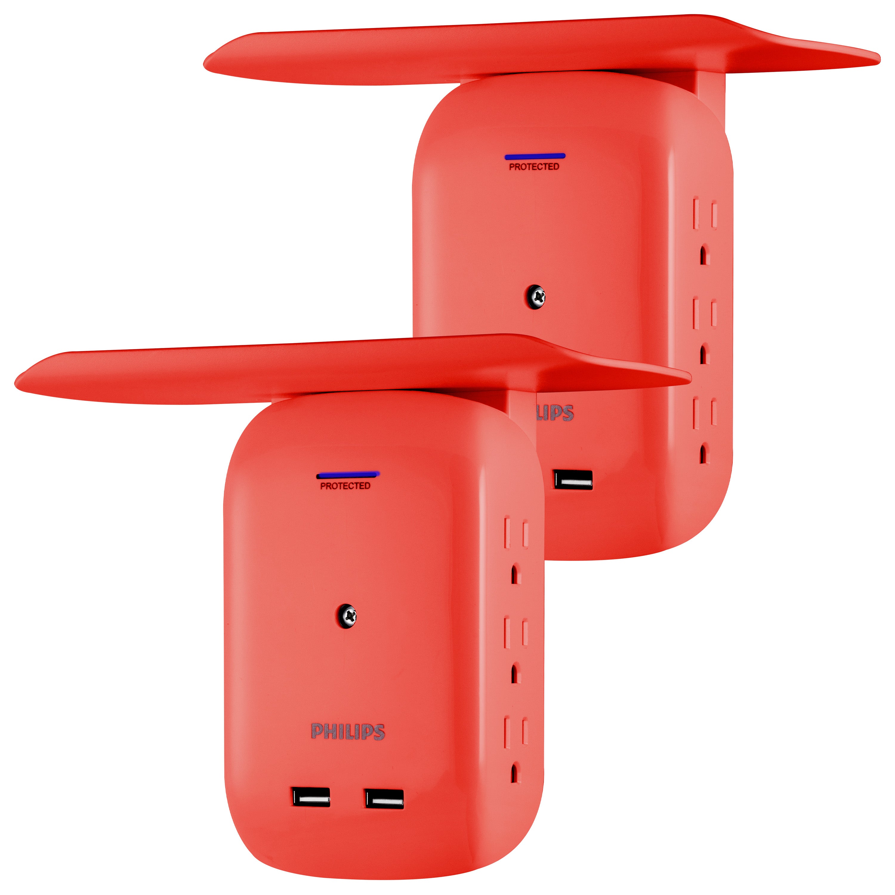 Philips 6-Outlet Tap with Device Shelf, 450J, 2USB (2.4A), Coral, 2pk