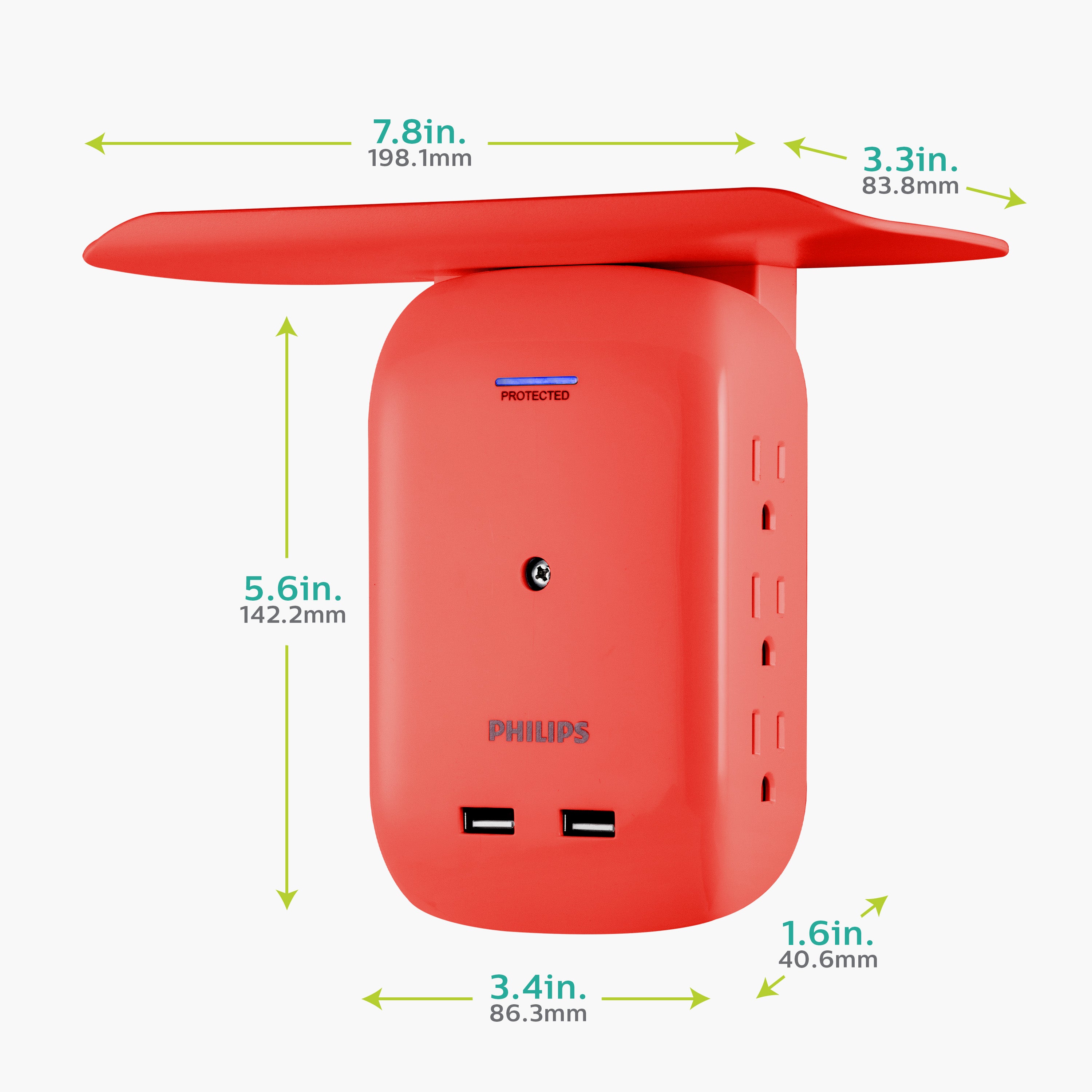 Philips 6-Outlet Tap with Device Shelf, 450J, 2USB (2.4A), Coral, 2pk