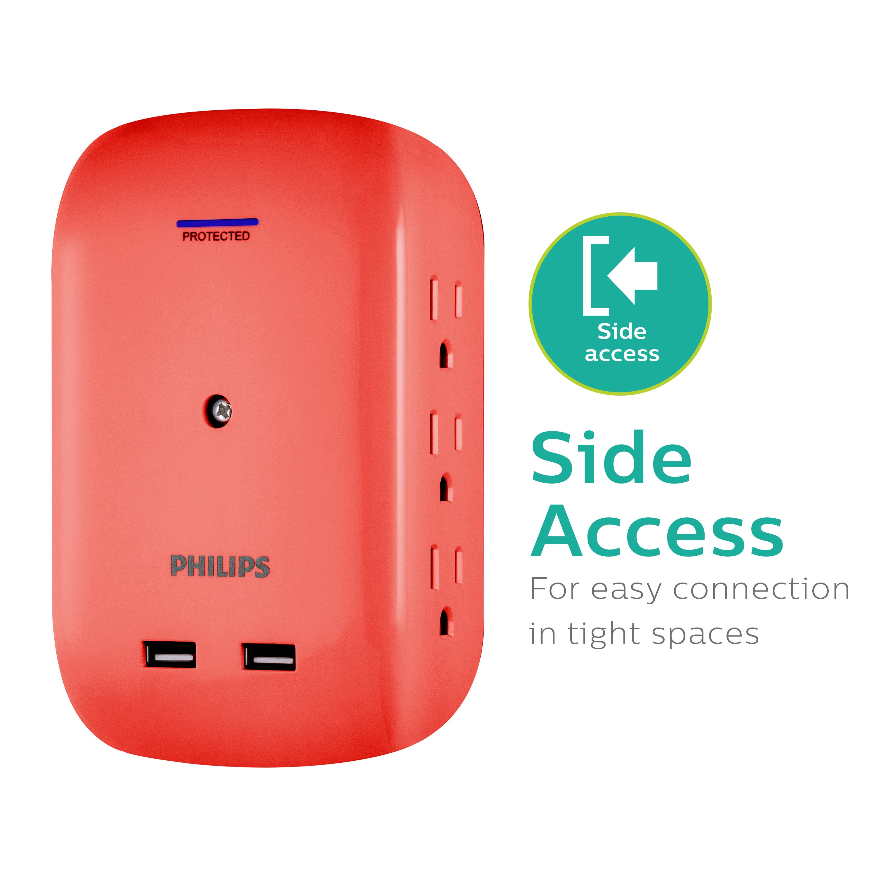 Philips 6-Outlet Tap with Device Shelf, 450J, 2USB (2.4A), Coral, 2pk