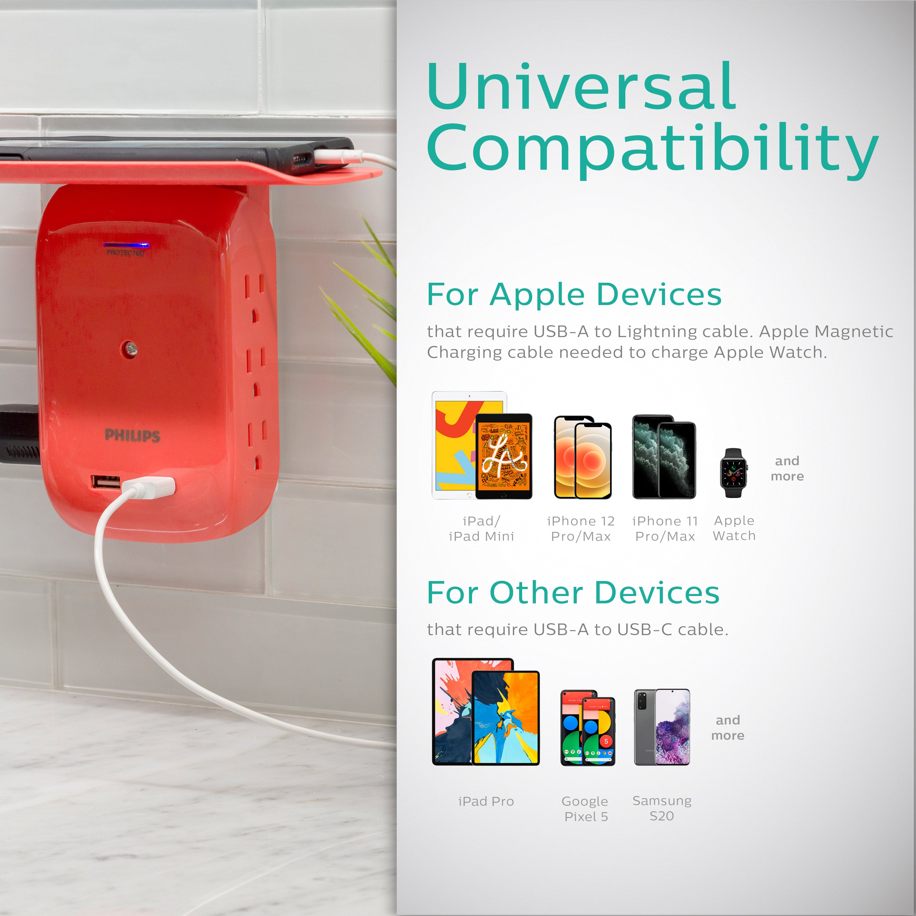 Philips 6-Outlet Tap with Device Shelf, 450J, 2USB (2.4A), Coral, 2pk