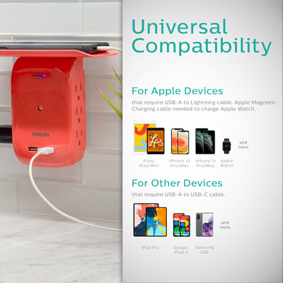 Philips 6-Outlet Tap with Device Shelf, 450J, 2USB (2.4A), Coral, 2pk