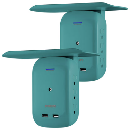 Philips 6-Outlet Tap with Device Shelf, 450J, 2USB (2.4A), Teal, 2pk