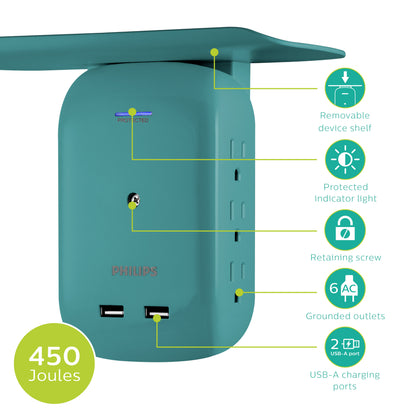 Philips 6-Outlet Tap with Device Shelf, 450J, 2USB (2.4A), Teal, 2pk