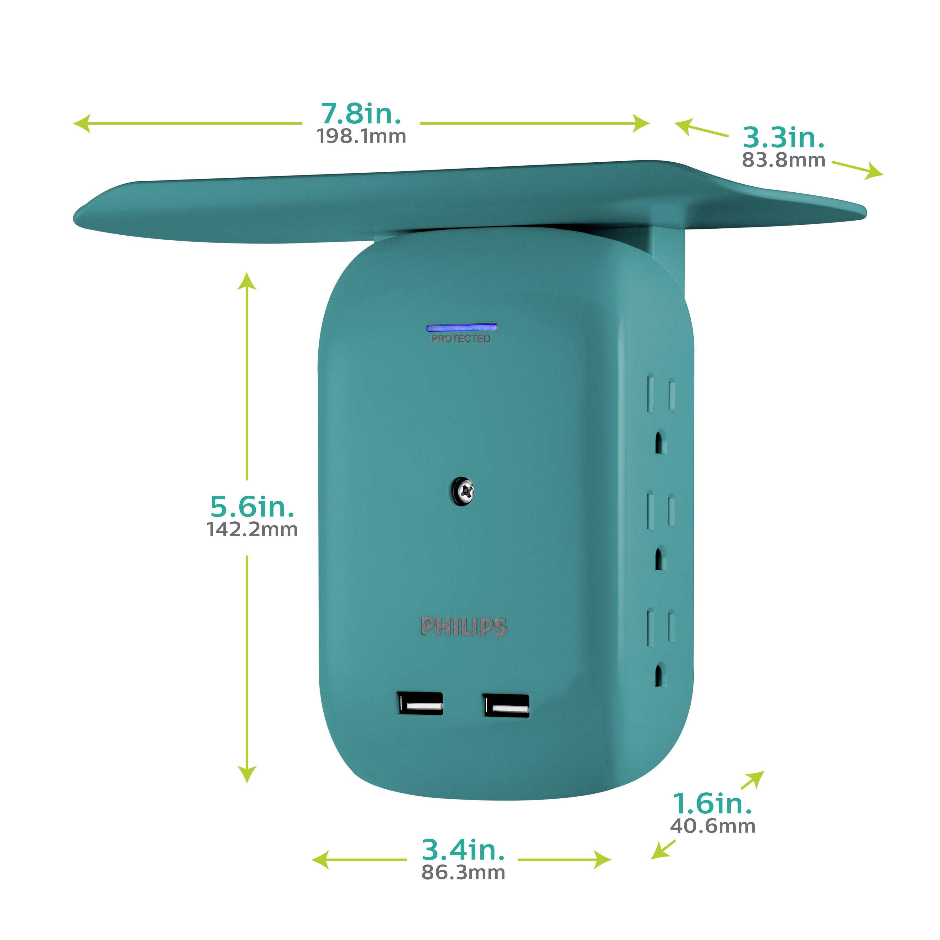 Philips 6-Outlet Tap with Device Shelf, 450J, 2USB (2.4A), Teal, 2pk