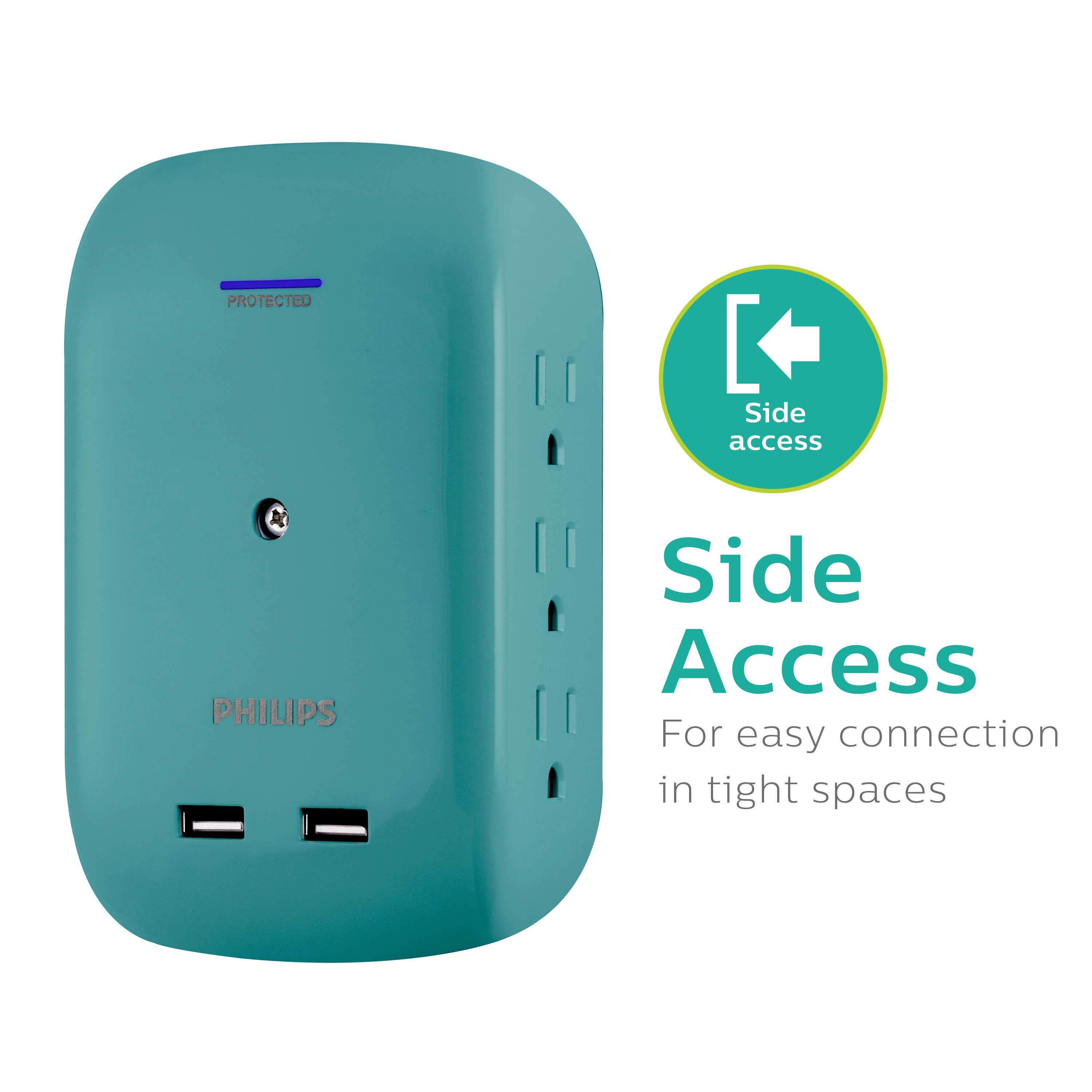 Philips 6-Outlet Tap with Device Shelf, 450J, 2USB (2.4A), Teal, 2pk