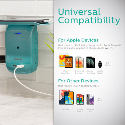 Philips 6-Outlet Tap with Device Shelf, 450J, 2USB (2.4A), Teal, 2pk