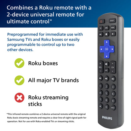 Philips Roku Replacement 2-Device Universal Remote, Black