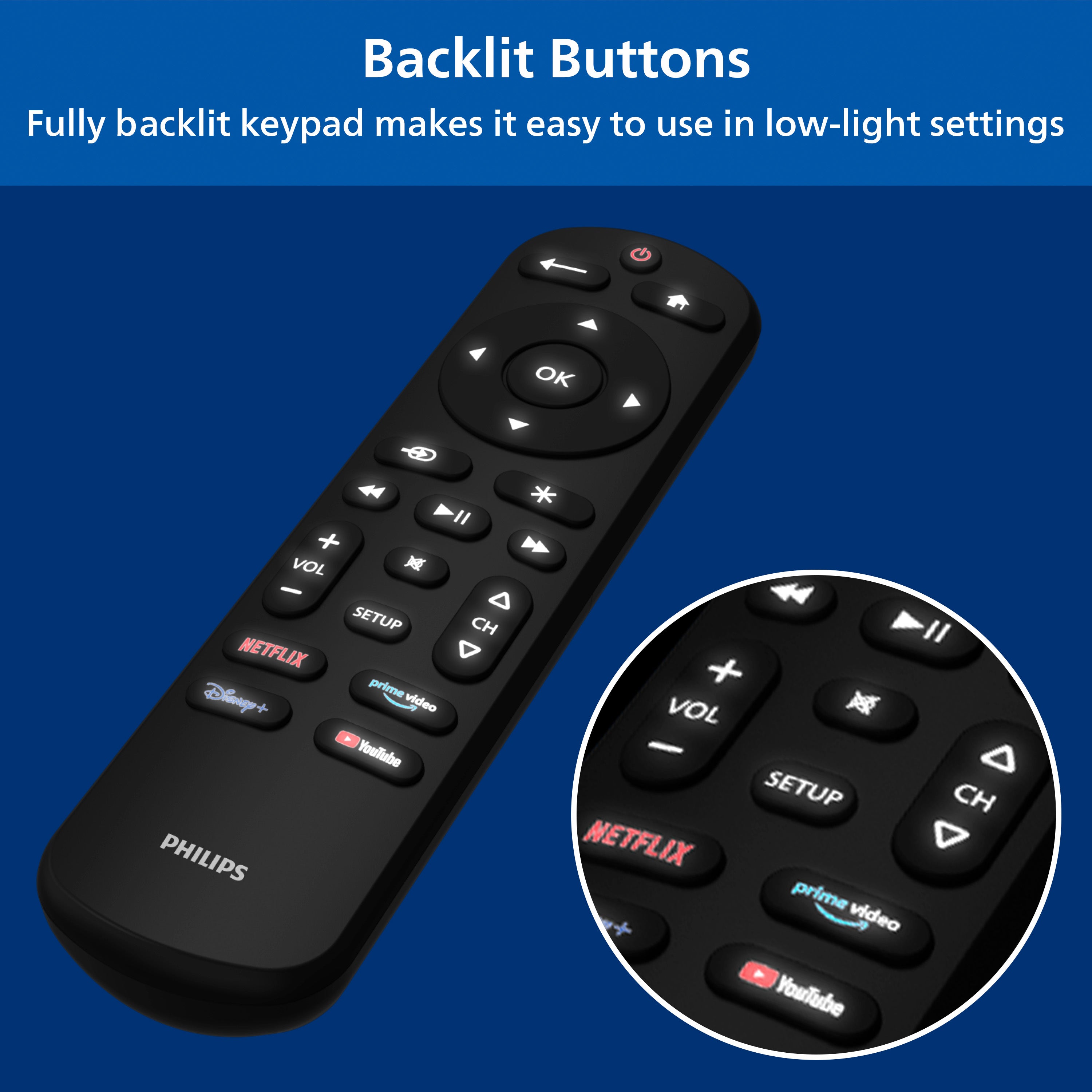 Philips OneTouch Streaming Replacement Remote Control, Streaming, Backlit, Black
