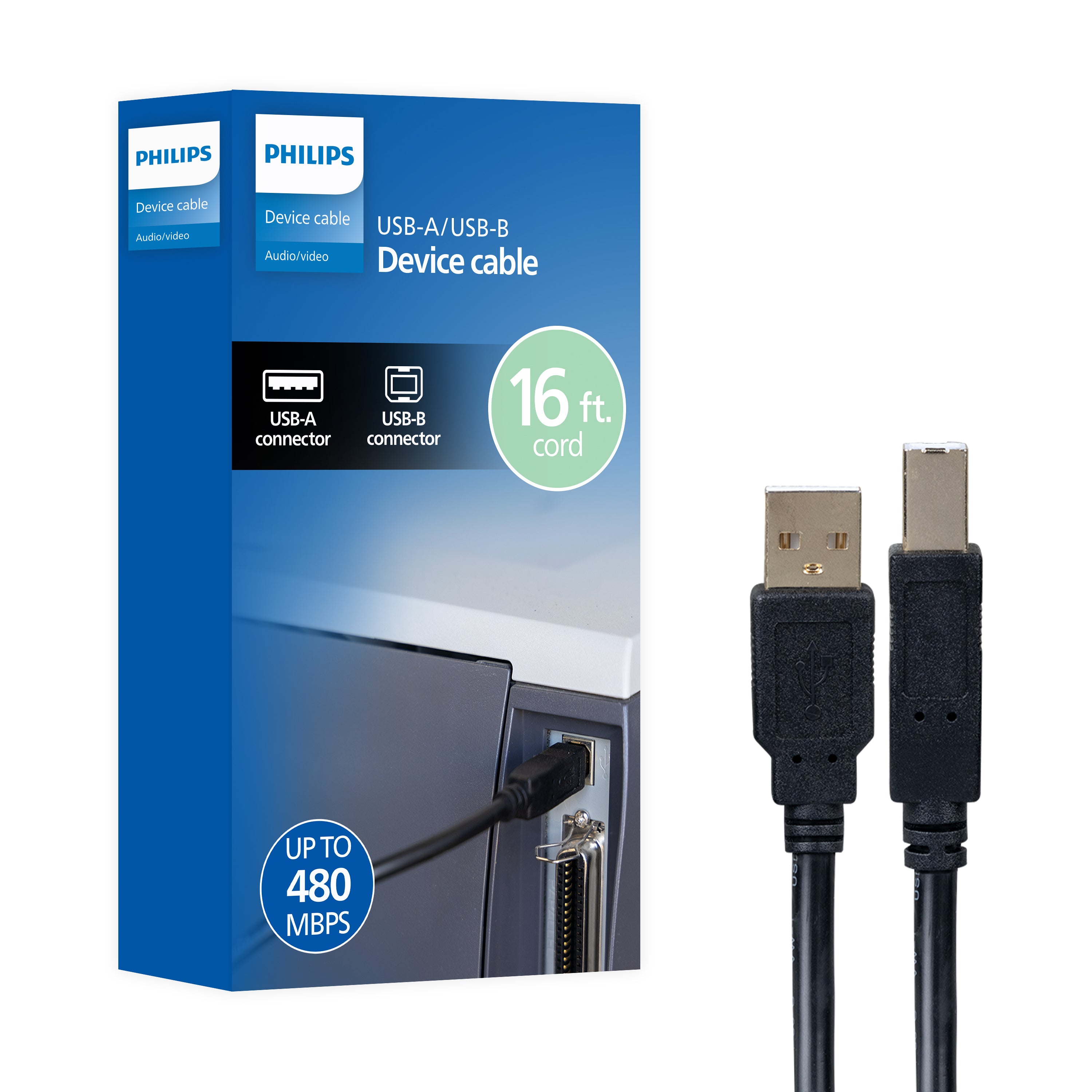 Philips USB 2.0 Device Cable., 16ft