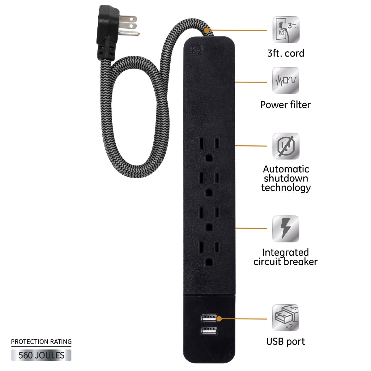 GE Pro 4-Outlet 2-USB 3ft. Surge Protector, Black