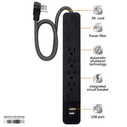 GE Pro 4-Outlet 2-USB 3ft. Surge Protector, Black