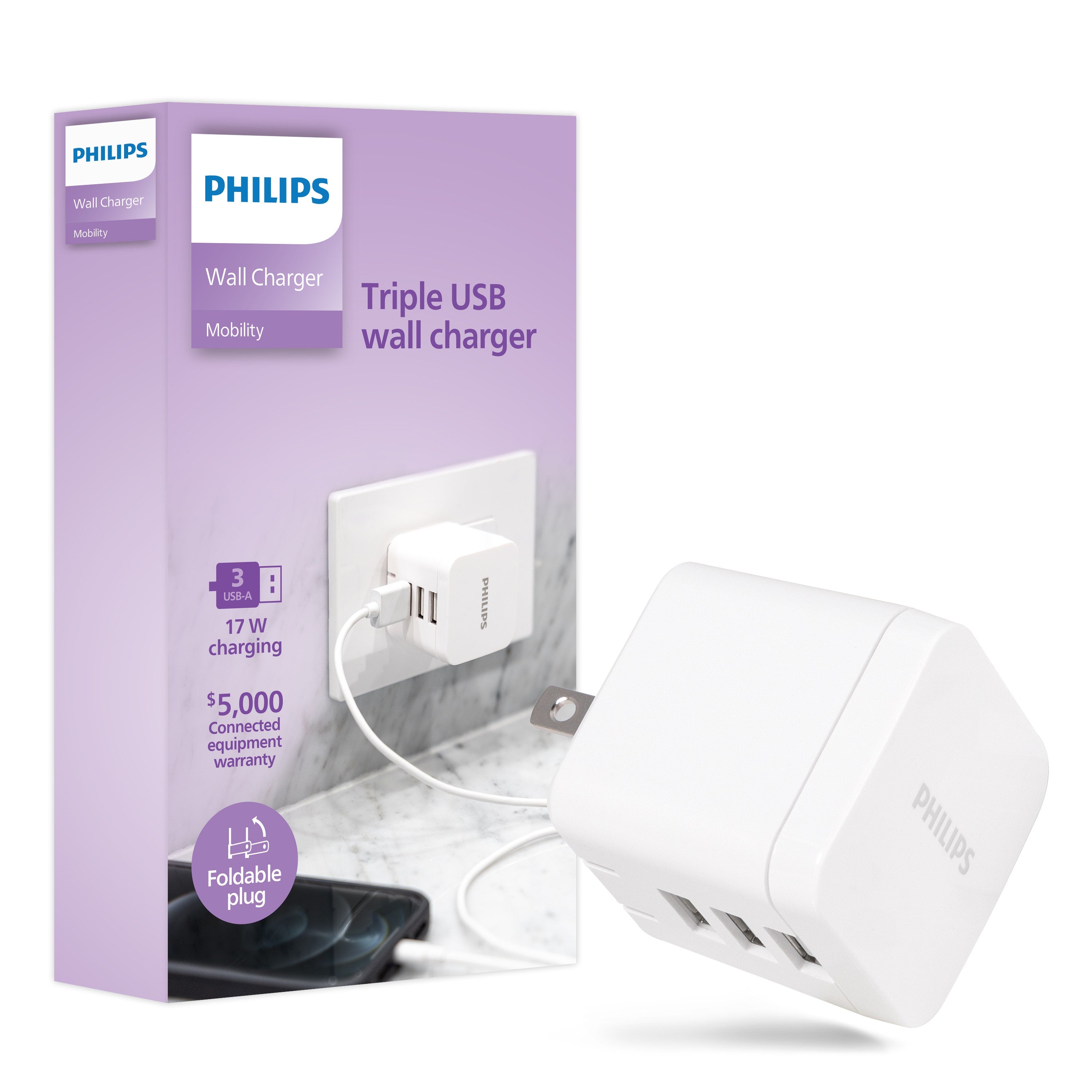 Philips 3-USB Wall Charger, White