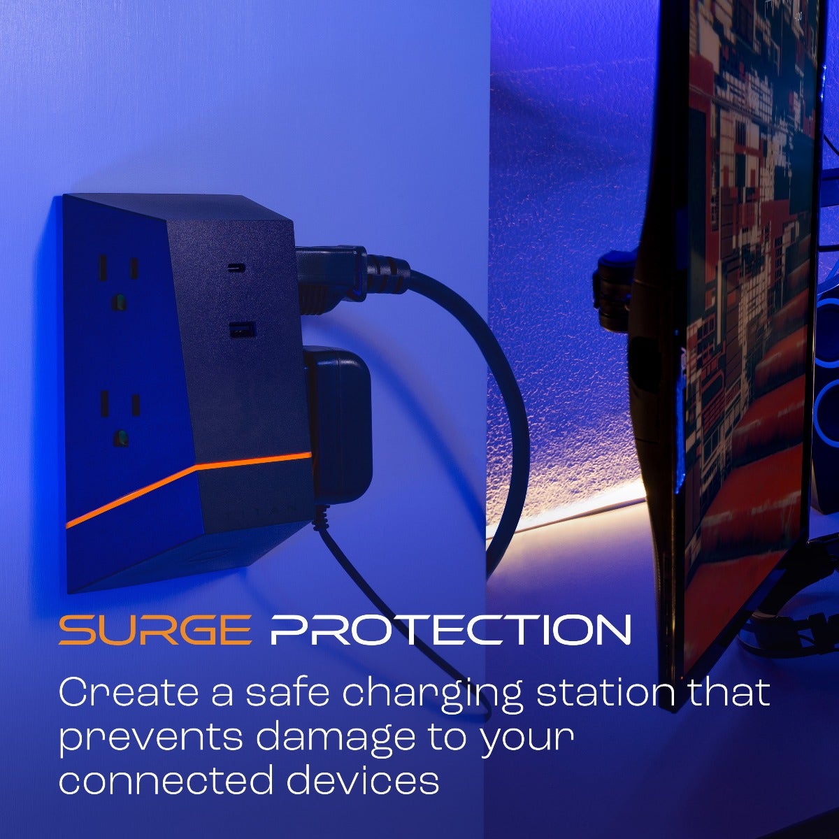 Titan 4-Outlet 1-USB-A 1-USB-C Multicolor LED Wall Tap with Surge Protection, Black
