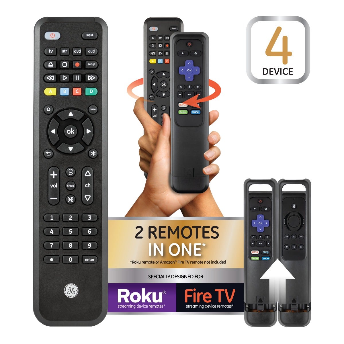 GE 4-Device Universal Companion Remote for Roku and Amazon TV with Flip and Slide Cradle, Black