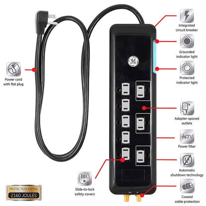 GE 8-Outlet 4ft. Surge Protector with Coaxial, Black