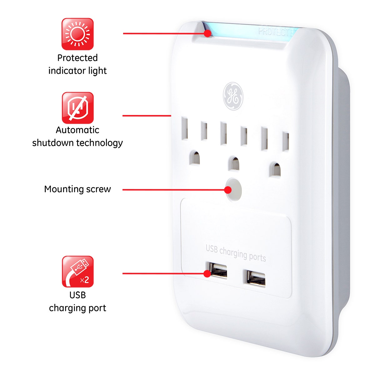 GE 3-Outlet 2-USB Wall Tap with Surge Protection, White