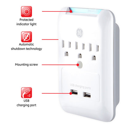 GE 3-Outlet 2-USB Wall Tap with Surge Protection, White