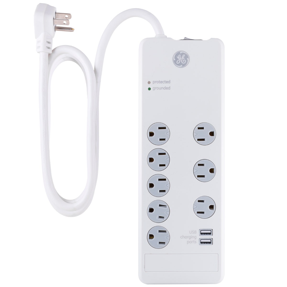 GE 8-Outlet 2-USB 4ft. Surge Protector, White